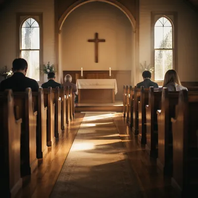 Quiet Chapel Aisle Toward Wooden Altar