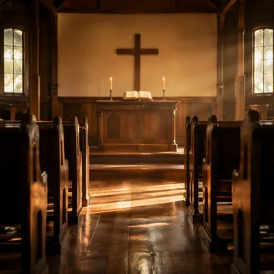 Quiet Church Aisle Toward Wooden Altar