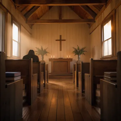 Quiet Chapel Aisle Toward Wooden Cross