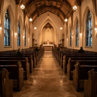 Peaceful Church Aisle Toward Softly Lit Altar