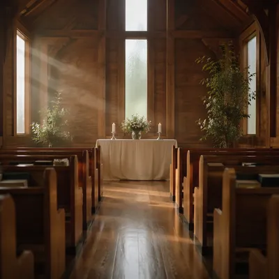 Sunlit Chapel Aisle Leading to Altar