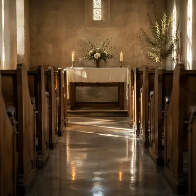 Quiet Chapel Aisle Toward Simple Altar