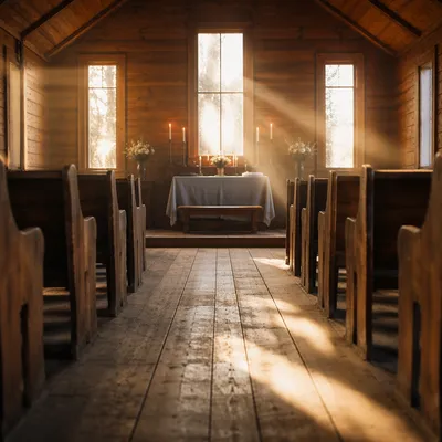 Sunlit Chapel Aisle Toward Simple Altar