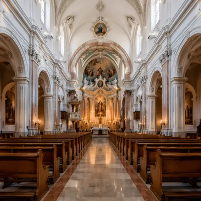 Grand Church Aisle Toward Illuminated Altar