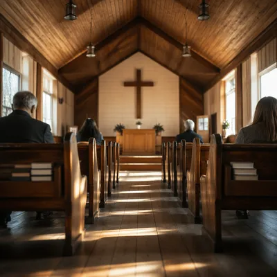 Quiet Chapel Aisle Toward Wooden Altar