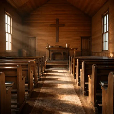 Quiet Chapel Aisle Toward Wooden Altar