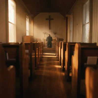 Sunlit Chapel Aisle Toward Wooden Cross