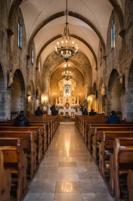 Historic Church Aisle Toward Glowing Altar