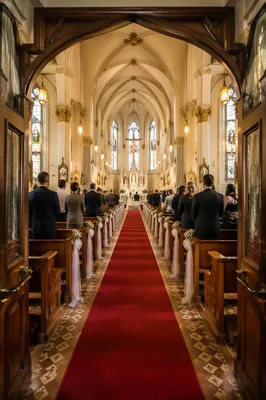 Red Church Aisle Leading to Ornate Altar