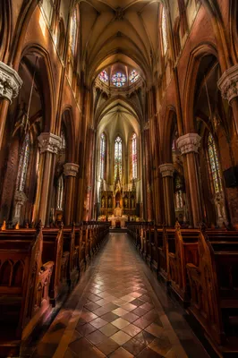 Historic Church Aisle Toward Ornate Altar