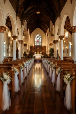 Elegant Church Aisle Leading to Softly Lit Altar