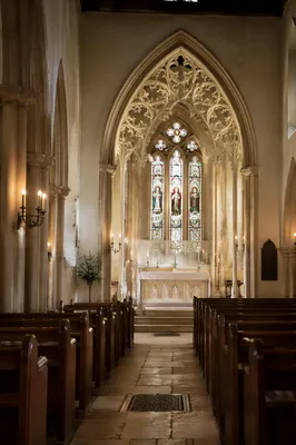 Historic Church Aisle Toward White Altar