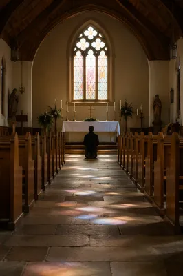 Countryside Church Aisle Toward Quiet Altar