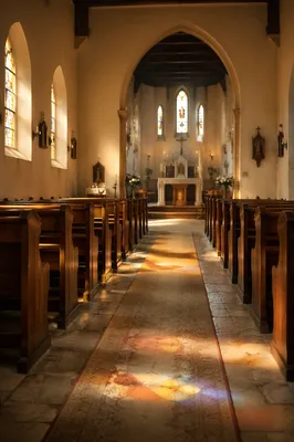 Sunlit Church Aisle Toward Simple Altar