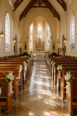 Quiet Church Aisle Toward Softly Lit Altar