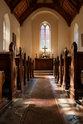 Sunlit Church Aisle Toward Simple Altar