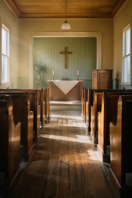 Quiet Chapel Aisle Toward Wooden Altar