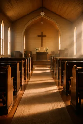 Church Aisle Toward Simple Wooden Altar