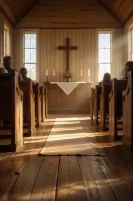 Quiet Chapel Aisle Toward Wooden Altar