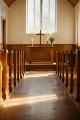 Quiet Church Aisle Toward Wooden Altar