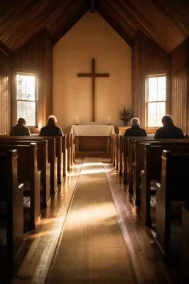 Sunlit Chapel Aisle Toward Simple Altar