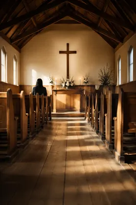 Quiet Chapel Aisle Toward Wooden Altar