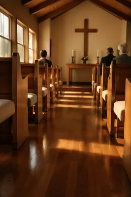 Warm Chapel Aisle Leading to Simple Altar