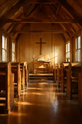 Quiet Chapel Aisle Toward Wooden Altar
