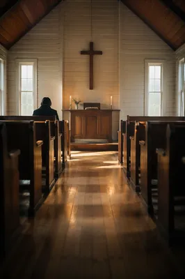 Quiet Chapel Aisle Toward Wooden Altar