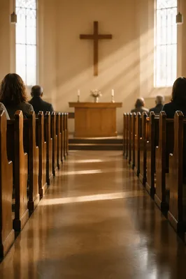 Sunlit Church Aisle Toward Wooden Altar