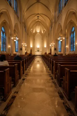 Peaceful Church Aisle Toward Candlelit Altar