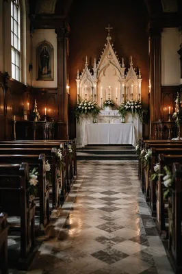 Historic Chapel Aisle Toward Candlelit Altar