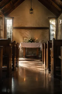 Sunlit Chapel Aisle Toward Simple Altar
