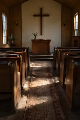 Sunlit Chapel Aisle Toward Wooden Cross