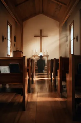 Sunlit Chapel Aisle Toward Wooden Altar