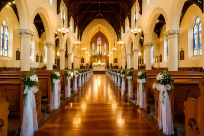Elegant Church Aisle Toward Softly Lit Altar