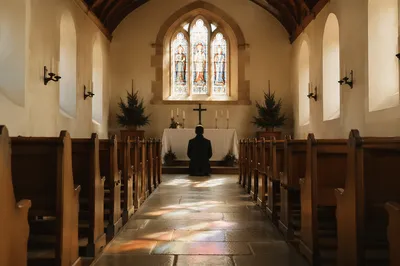 Quiet Church Aisle Toward Simple Altar