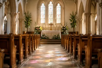 Peaceful Church Aisle Toward Softly Lit Altar