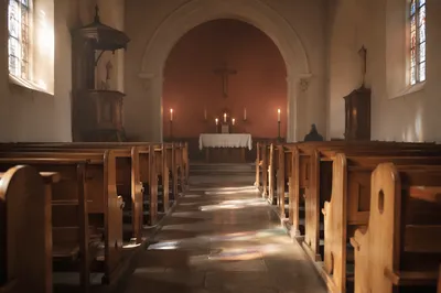 Quiet Church Aisle Toward Simple Altar