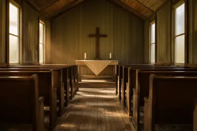 Quiet Chapel Aisle Toward Wooden Altar
