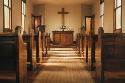 Quiet Church Aisle Toward Wooden Altar
