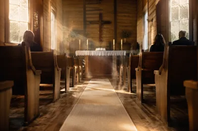Sunlit Chapel Aisle Leading to Altar