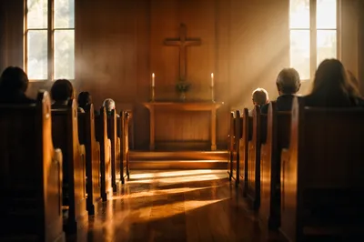 Quiet Chapel Aisle Toward Morning Altar