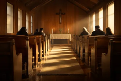 Sunlit Chapel Aisle Toward Simple Altar