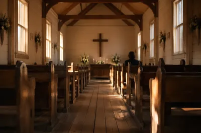 Peaceful Chapel Aisle Toward Wooden Altar