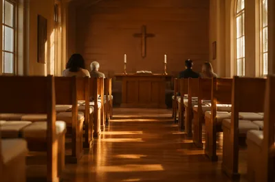 Sunlit Chapel Aisle Toward Simple Altar
