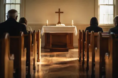 Quiet Church Aisle Toward Wooden Altar