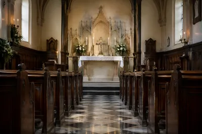 Historic Chapel Aisle Toward Candlelit Altar