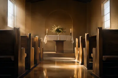 Quiet Chapel Aisle Toward Simple Altar