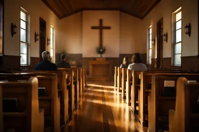 Morning Chapel Aisle Toward Wooden Cross